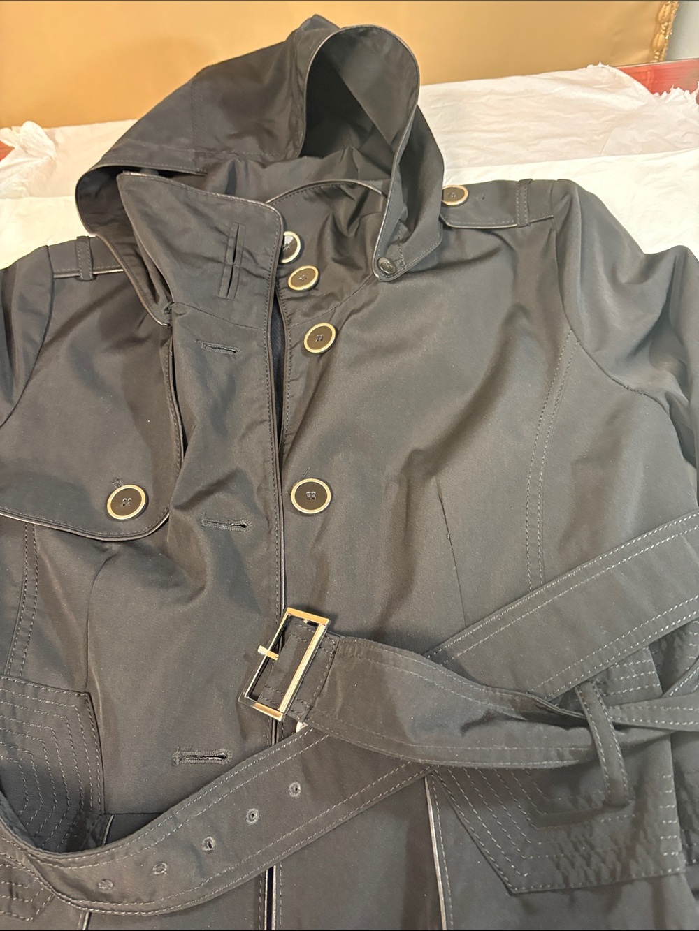 Classic Hooded Black Trench Coat with Belt